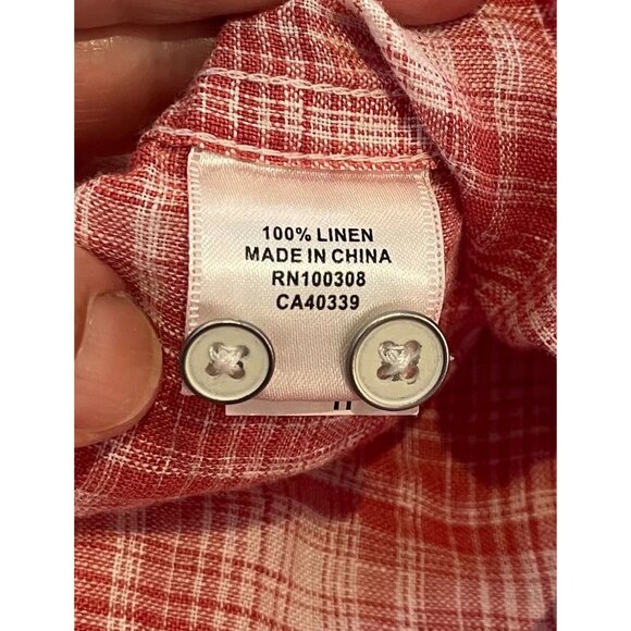 Peter Millar Men's M Red Plaid 100% Linen Long Sleeve Snap Button-Up Shirt - Picture 6 of 8